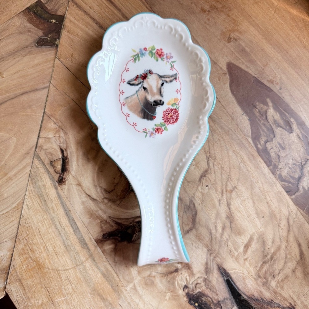 The Pioneer Woman Spoon Rest Kitchen White Teal Cow Floral Excellent Ceramic
